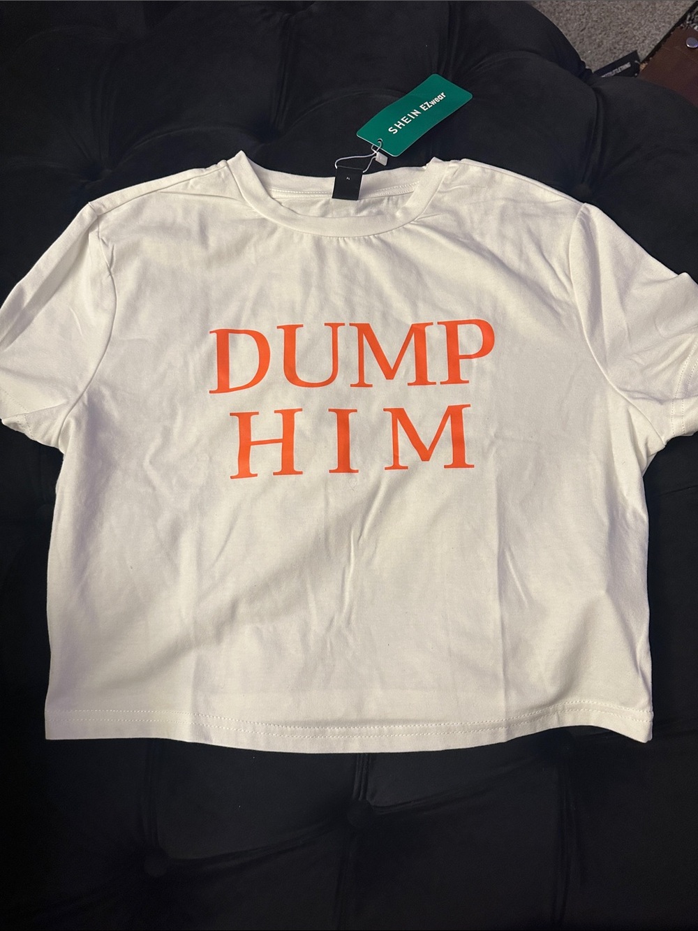 SHEIN White Short-Sleeve women’s Tee with Orange 'DUMP HIM' Print